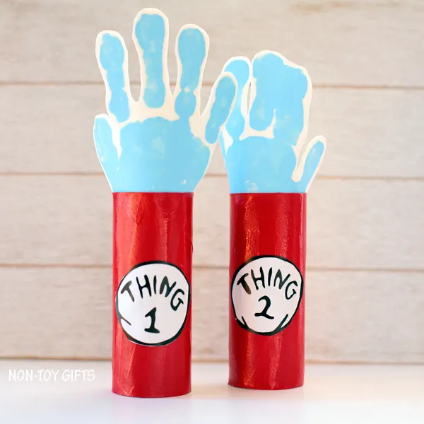 Dr Seuss Thing 1 and Thing 2 paper roll craft. Handprint craft to go along with Cat in the Hat book. | at Non-Toy Gifts