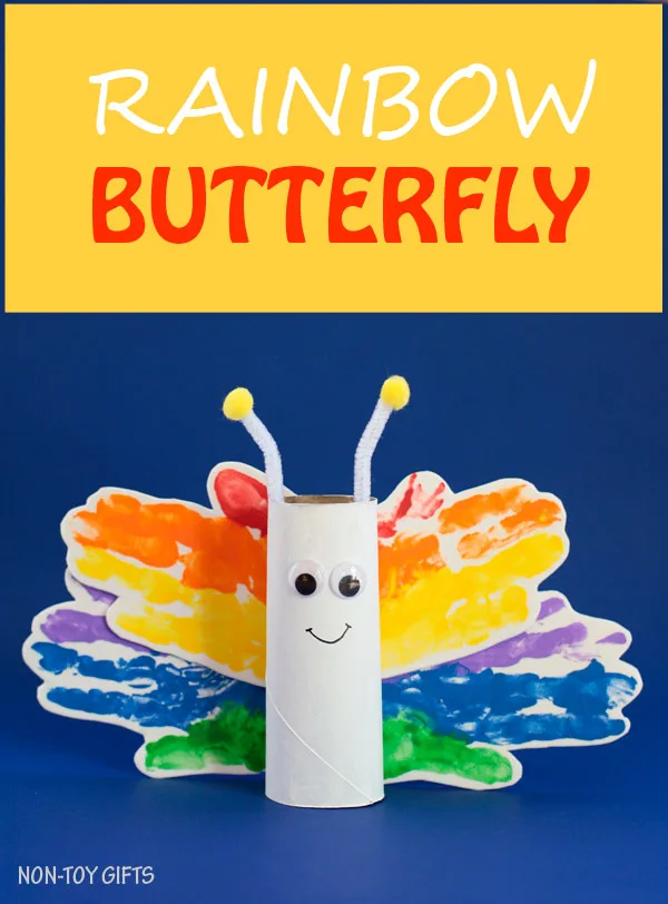 Paper roll rainbow handprint butterfly craft for kids. Perfect spring craft or St. Patrick's Day craft. Easy for toddlers to make. | at Non-Toy Gifts