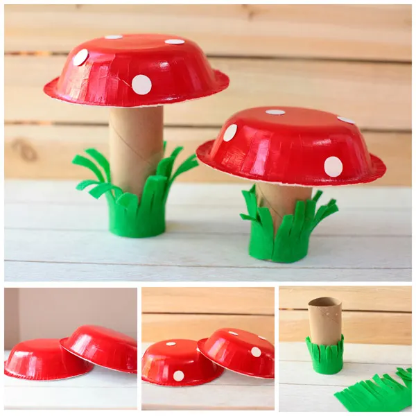 Paper bowl mushroom spring craft for kids. Use paper rolls and paper plates. Easy craft for toddlers and preschoolers. | at Non-Toy Gifts