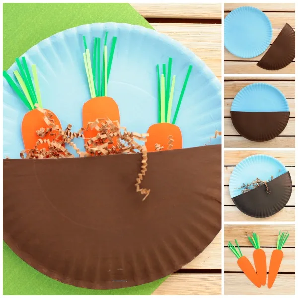 Carrots in the garden craft for kids. Easy paper plate spring or Easter craft for toddlers and preschoolers. | at Non-Toy Gifts