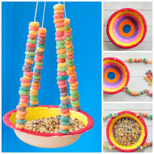 Paper bowl bird feeder for kids to make this spring. Watch birds in your own backyard. Made with Cheerios, this kid-made bird feeder is perfect for preschoolers and kindergarten. | at Non-Toy Gifts