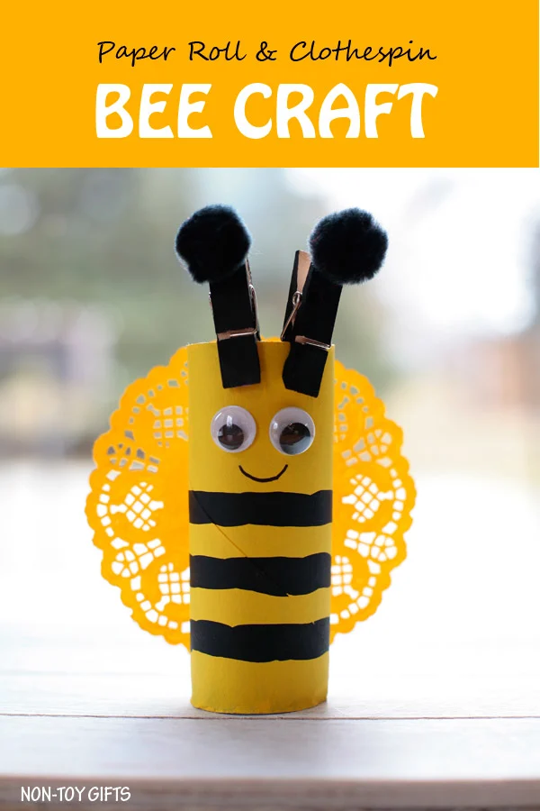 Easy paper roll bee craft for kids. This easy spring craft is perfect for an insect study unit in the classroom. Toddlers and preschoolers will love it. | at Non-Toy Gifts