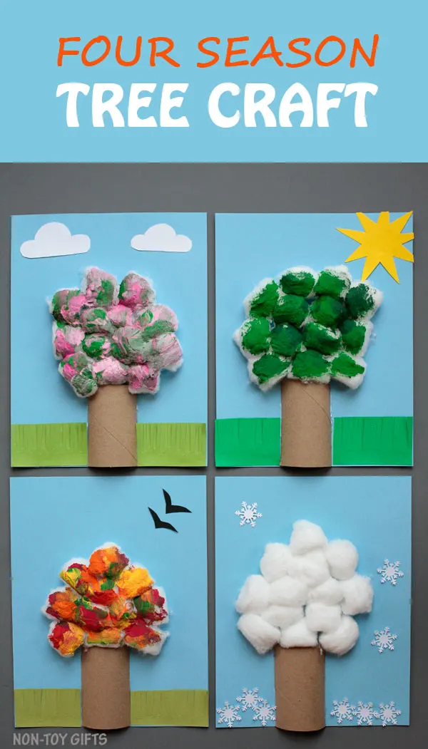 Four season tree craft for kids. Use paper roll and cotton balls to make an easy tree craft. Celebrate the seasons with this fun craft for preschoolers, kindergartners and older kids. Spring, summer, autumn and winter. | at Non-Toy Gifts