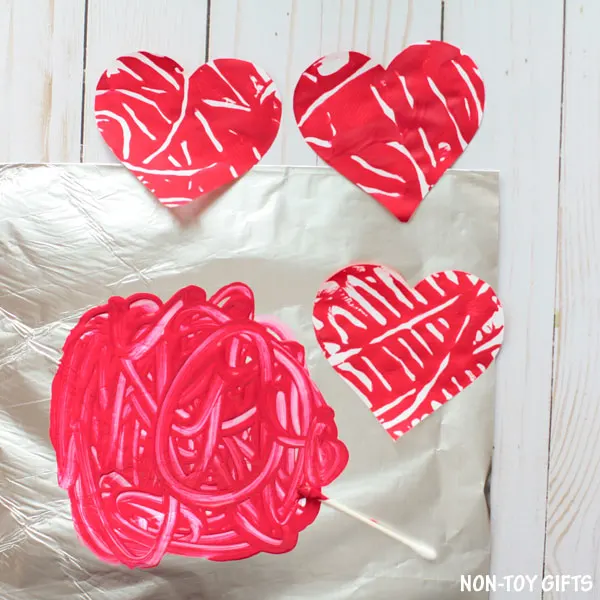 Monoprint hear cards. Kids can make them for Mother's Day and Valentines.