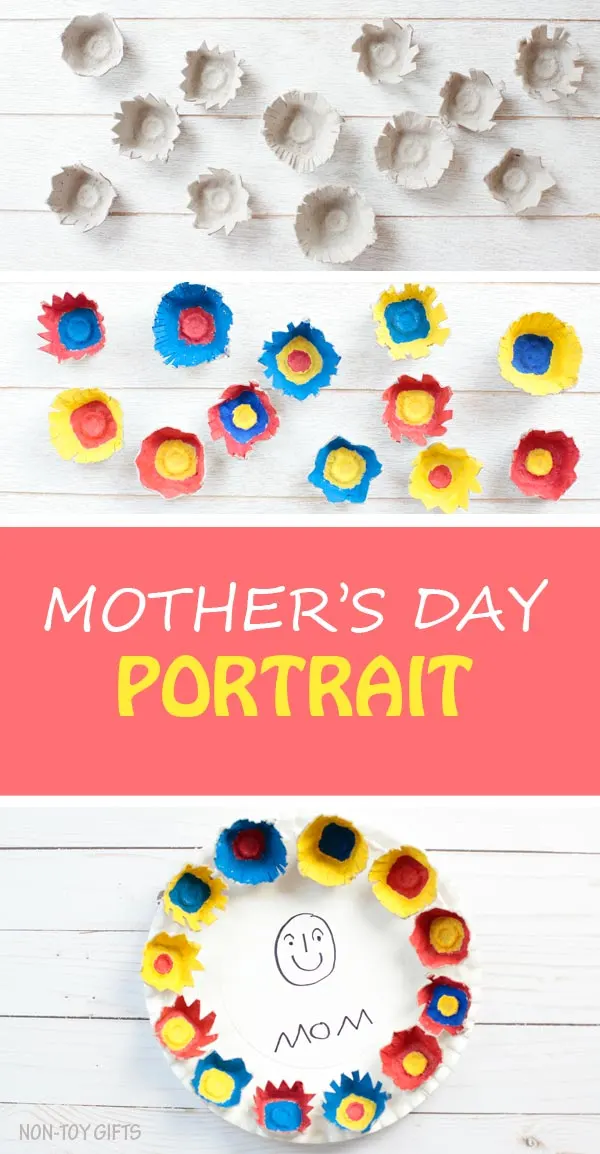 Easy Mother's Day portrait for kids to make for mom or grandma. Use a paper plate as canvas and decorate with egg carton flowers. Fun craft for preschoolers, kindergartners and older kids. It can make a great classroom craft. | at Non-Toy Gifts