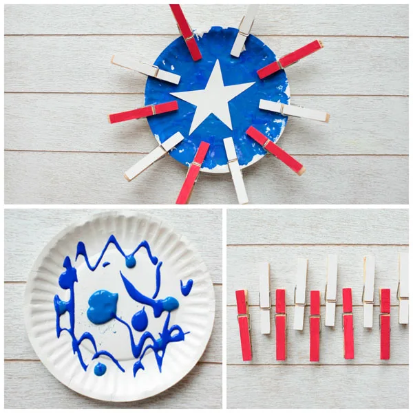 Paper plate American flag craft for kids. Easy 4th of July craft for toddlers, preschoolers, kindergartners and older kids. Pom pom painting and clothespin craft. | at Non-Toy Gifts