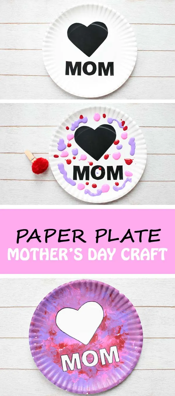 Easy paper plate Mother's Day craft for toddlers, preschoolers and older kids. This project combines pom pom painting and contact paper stencil. | at Non-Toy Gifts