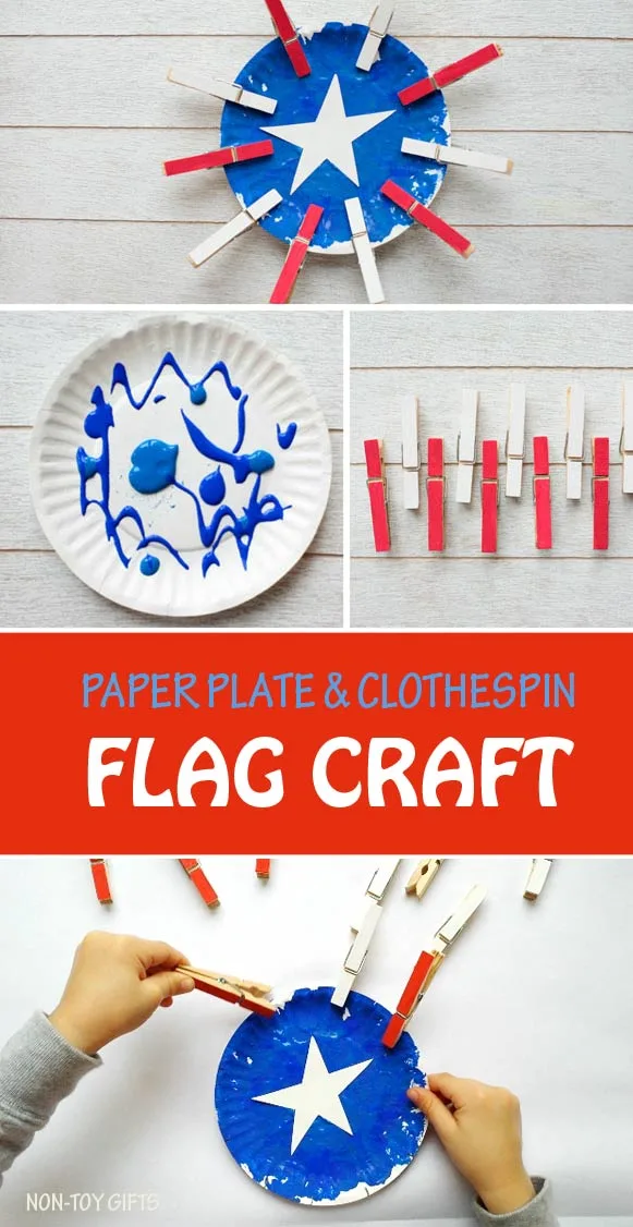 Paper plate flag craft for kids to celebrate 4th of July. Toddlers and preschoolers can practice fine motor skills. Paper plate and clothespin craft. #flagcraft #4thofJuly