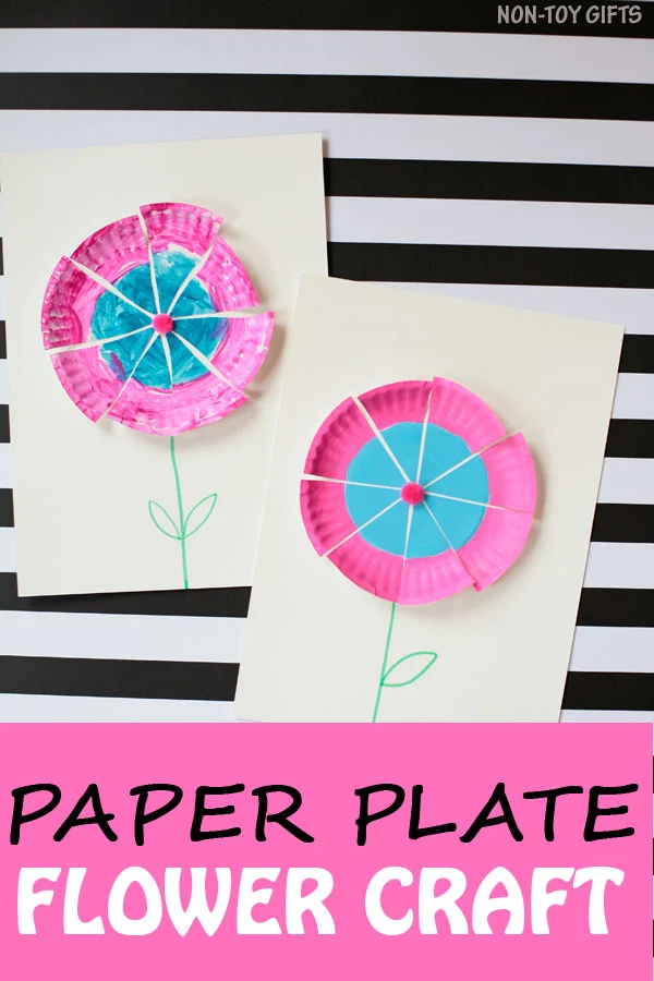Easy paper plate flower craft for toddlers, preschoolers, kindergartners and older kids to make this spring and summer. Paint, cut and glue - fun! | at Non-Toy Gifts