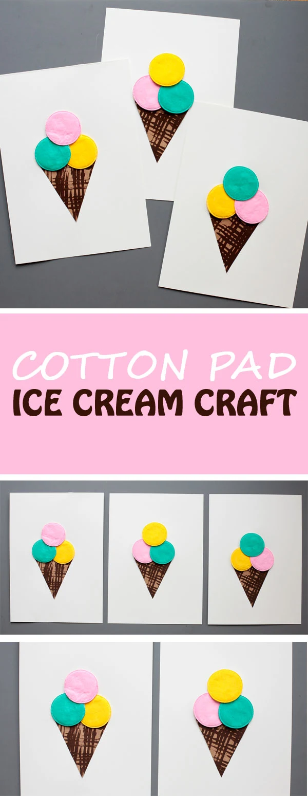 Ice cream craft for kids. It combines cotton pad coloring activity with fork painting technique. Fun and easy summer craft for toddlers, preschoolers and older kids. | at Non-Toy Gifts