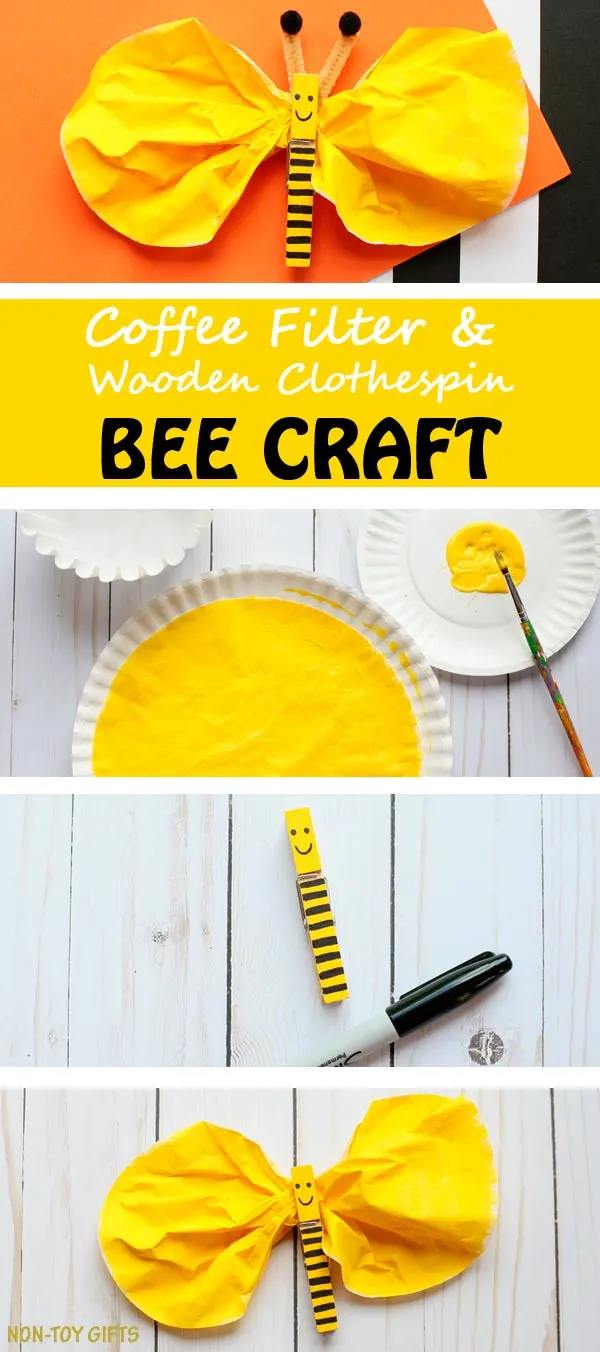 Easy coffee filter and clothespin bee craft for preschoolers, kindergartners and older kids. Fun spring craft or for an insect study unit. | at Non-Toy Gifts