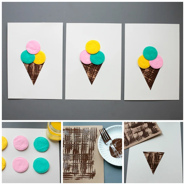 Ice cream craft fro kids with cotton pads and fork painting technique.