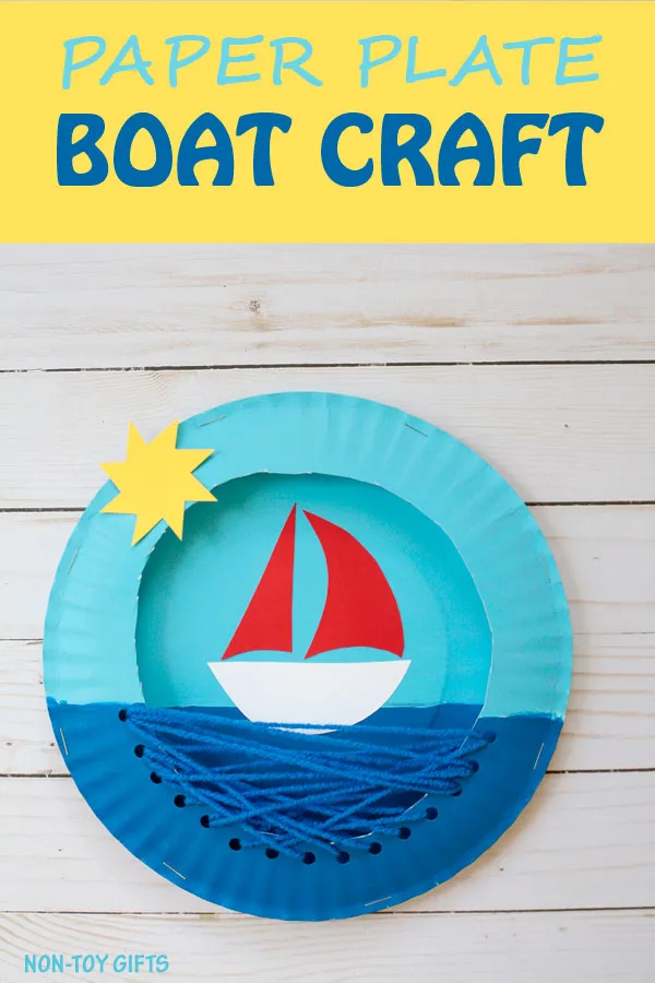 Paper plate boat summer craft for kids. Boat under the sun. A sea craft perfect for preschoolers and kindergartners. Can be adapted for a pirate craft. Yarn craft that will help kids practice their fine motor skills. | at Non-Toy Gifts