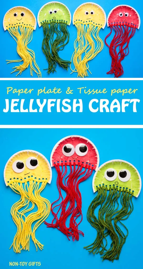 Tissue paper and paper plate jellyfish craft for kids. Easy craft for preschoolers and kindergartners. Perfect for ocean study unit. | at Non-Toy Gifts