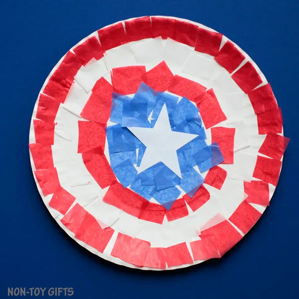 Captain America paper plate shield craft for kids who love superheroes.