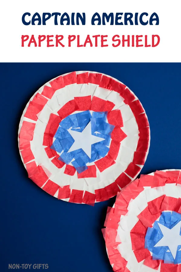 Captain America paper plate craft for kids. Use tissue paper to create the superhero's shield. | at Non-Toy Gifts