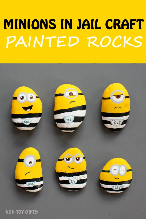 Minions in jail craft for kids. Painted minion rocks. Watch the movie Despicable Me 3 and then create a fun craft with your kids. | at Non-Toy Gifts