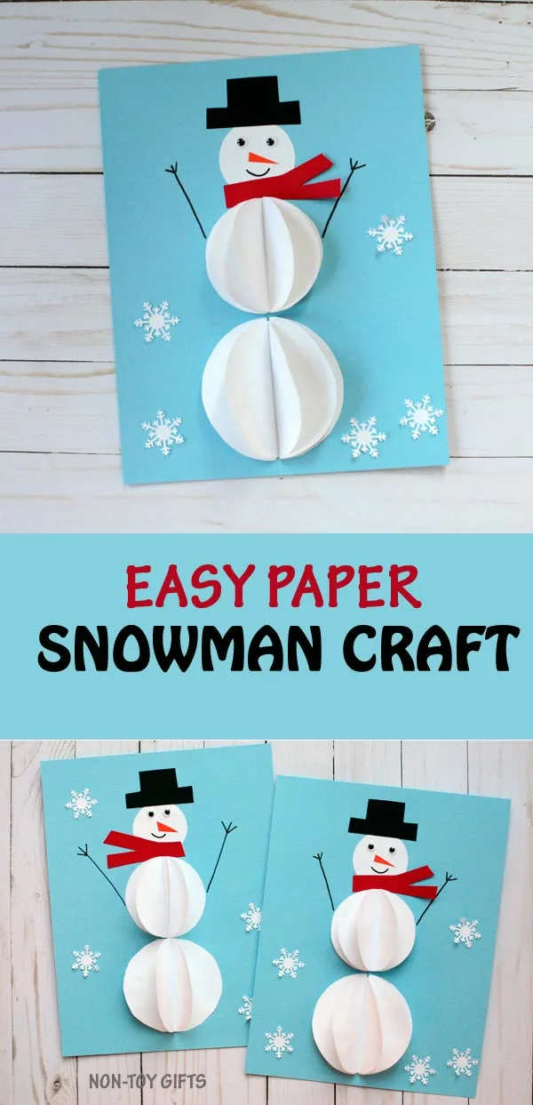 Easy 3D paper snowman craft we made to celebrate Christmas in July. Kids will love creating this winter craft. Great for preschoolers, kindergartners and older kids. | at Non-Toy Gifts