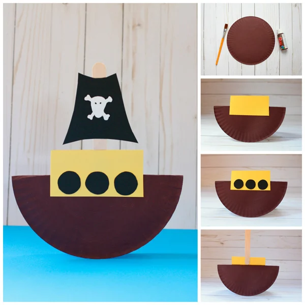 Paper plate pirate ship craft collage