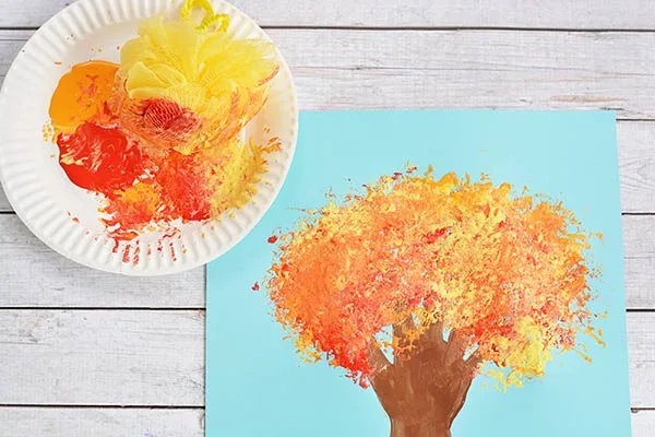 loofah stamped handprint fall tree