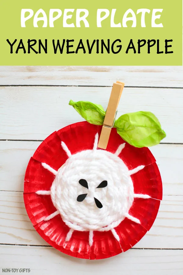 Paper plate yarn weaving apple craft for kids to make this fall. Apple core craft. Autumn craft. | at Non-Toy Gifts