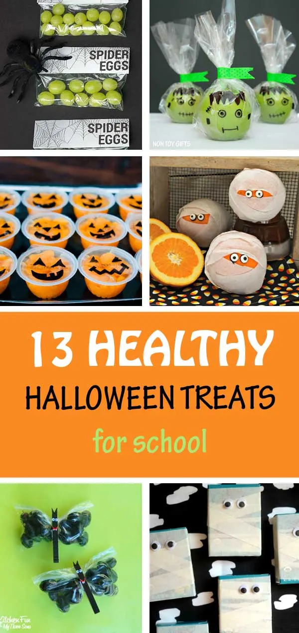 13 Healthy Halloween treats for school: banana ghost, grape Frankenstein, cheese ghosts, apple ghosts, pretzel witch broomsticks, apple witches, apple Frankenstein, grape bat snack, raisin box mummies, orange mummies, mandarin cup Jack-O-Lantern. Kids will love them! | at Non-Toy Gifts