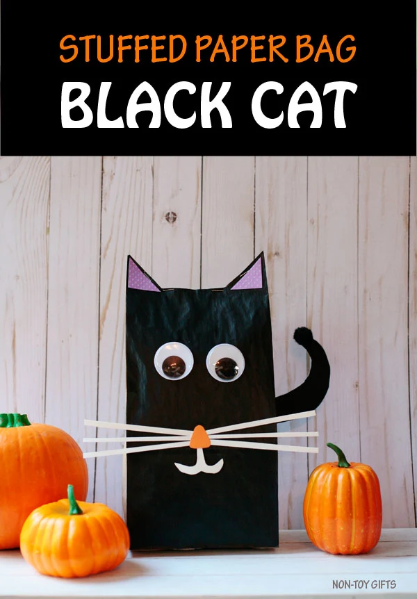 Stuffed paper bag black cat craft for kids to make on Halloween. | at Non-Toy Gifts