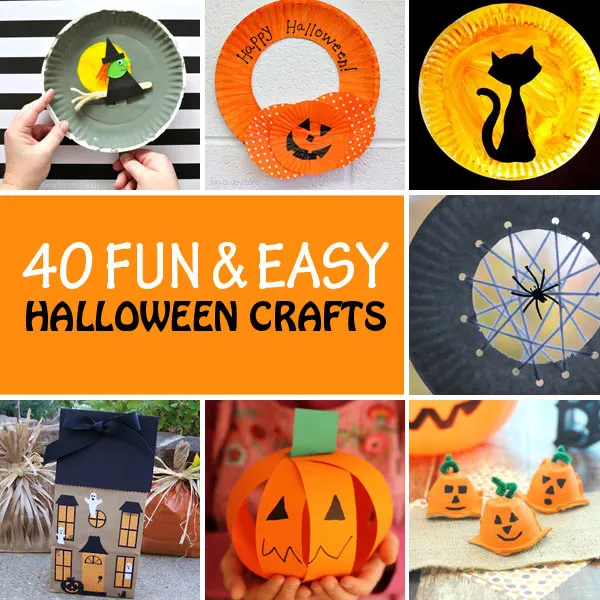 40 fun and easy Halloween crafts for kids made with paper, paper roll, paper plate, paper bag, cardboard and egg carton.