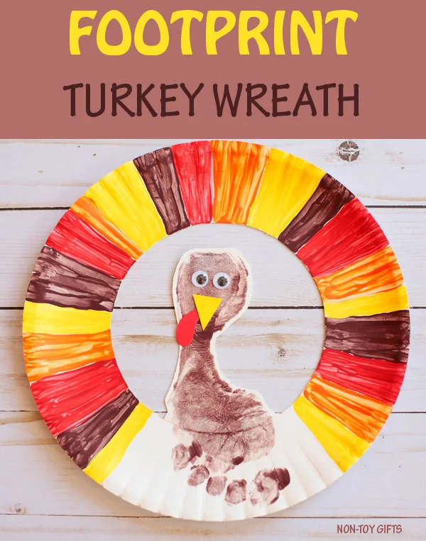 Footprint turkey wreath - easy Thanksgiving craft for kids to make with paper plate.