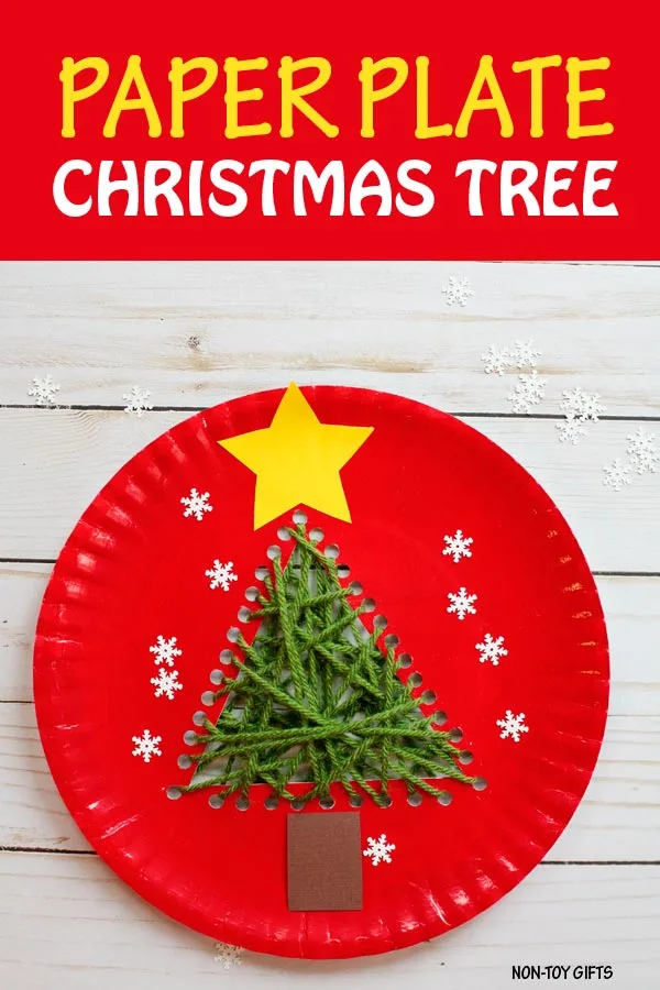 Paper plate Christmas tree made with yarn. A fun sewing craft for kids to do this winter. | at Non-Toy Gifts