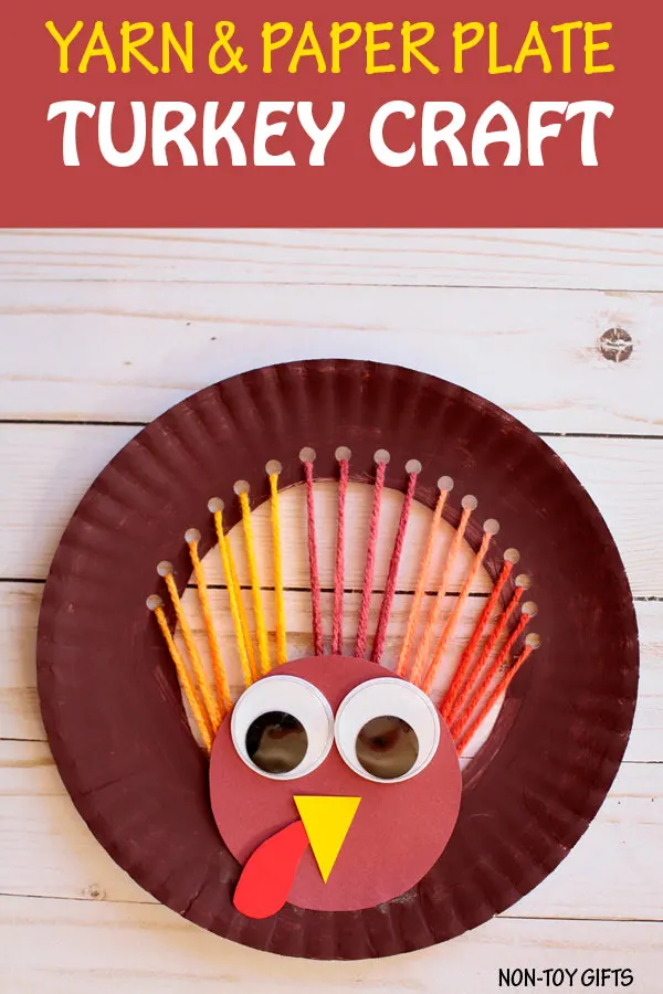 Yarn and paper plate turkey crafts for kids to make for Thanksgiving. | at Non-Toy Gifts