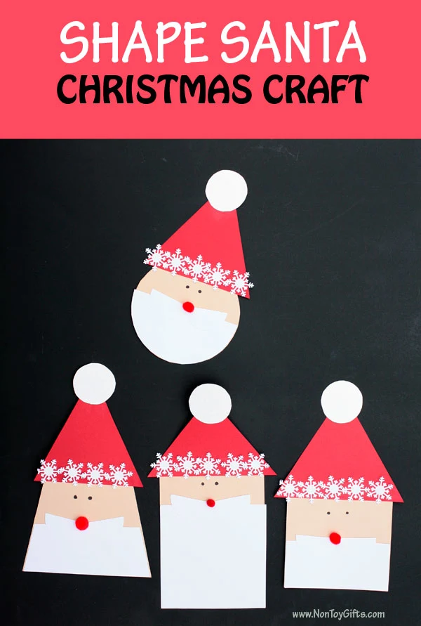 Shape Santa craft for kids to make this Christmas. Review shapes : circle, square, rectangle and trapezoid. Great winter craft for preschool, kindergartners and older kids| at Non-Toy Gifts #christmastcraft #Santacraft #Santacraftsforkids