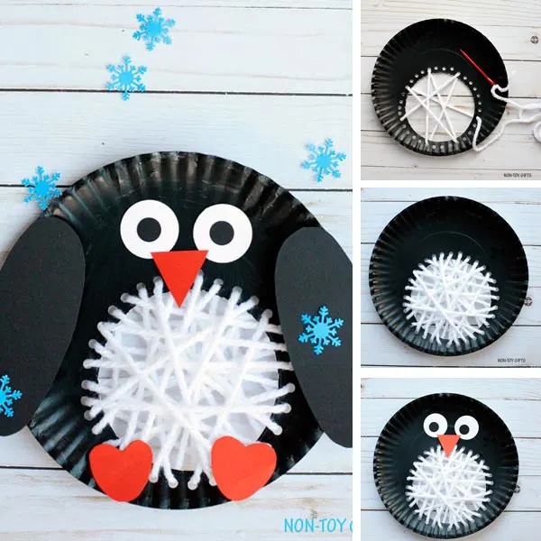 Paper plate penguin craft collage