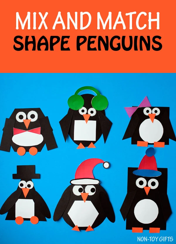 Mix and match shape penguin craft for kids. Create with circles, ovals, squares, triangles, rectangles, hexagons and trapezoids this winter. #penguincrafts #wintercraft #wintercraftsforkids