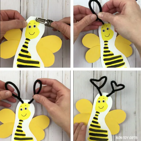 Footprint bee Valentine card - pipe cleaner antennae