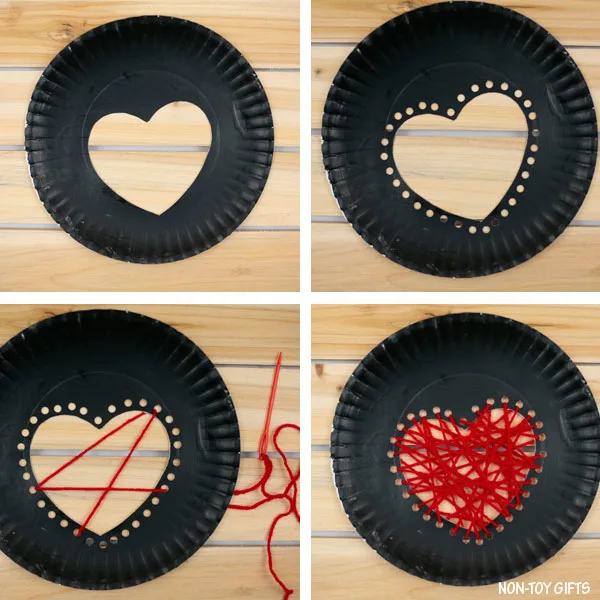 Paper plate heart penguin made with yarn