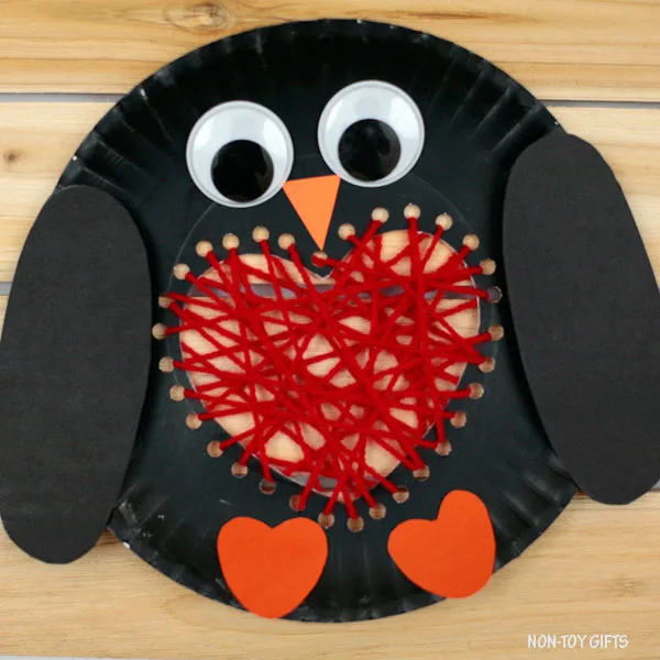 Paper plate heart penguin craft for kids