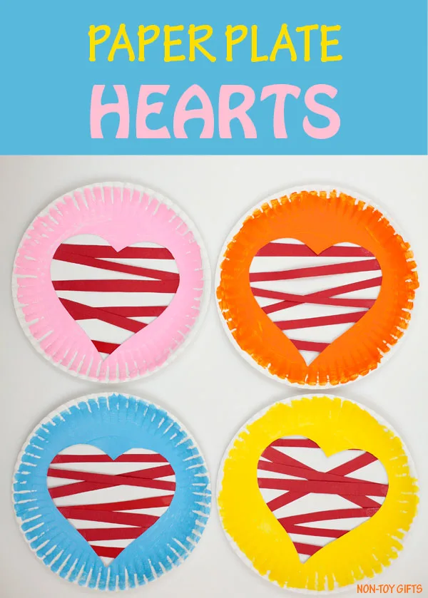 Paper plate heart craft for kids to make on Valentine's Day. Use as decoration in the classroom. Great for fine motor skills for preschoolers and kindergartners. #valentinesdaycrafts #heartcrafts