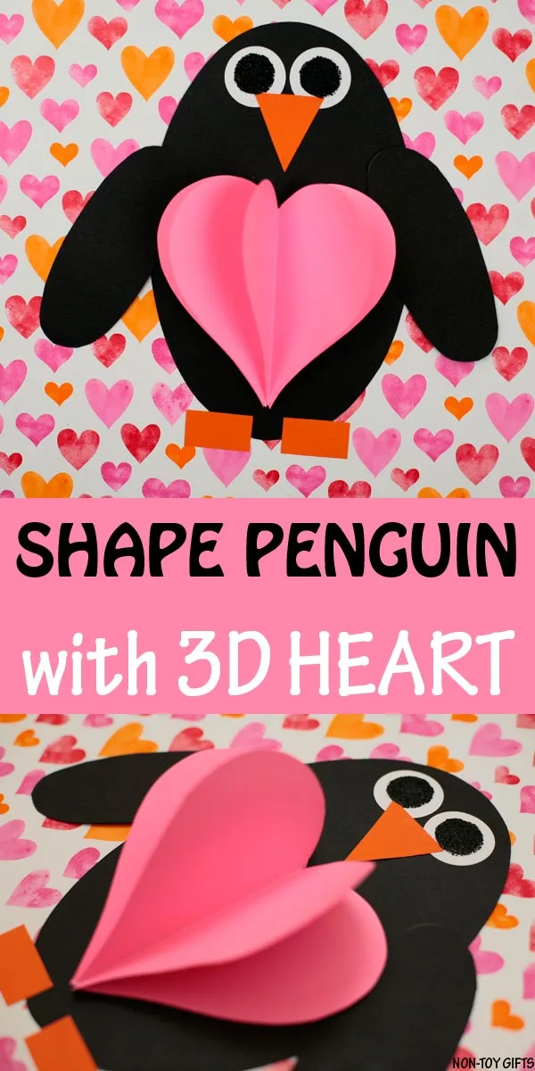 Shape penguin with 3D heart craft for kids to make this Valentine's Day. #ValentinesDayCraft #penguins #penguincraft #heartcraft