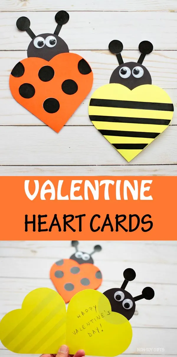 Valentine heart cards kids can make this Valentine's Day. Easy paper bee and ladybug cards. #nontoygifts #Valentinecards