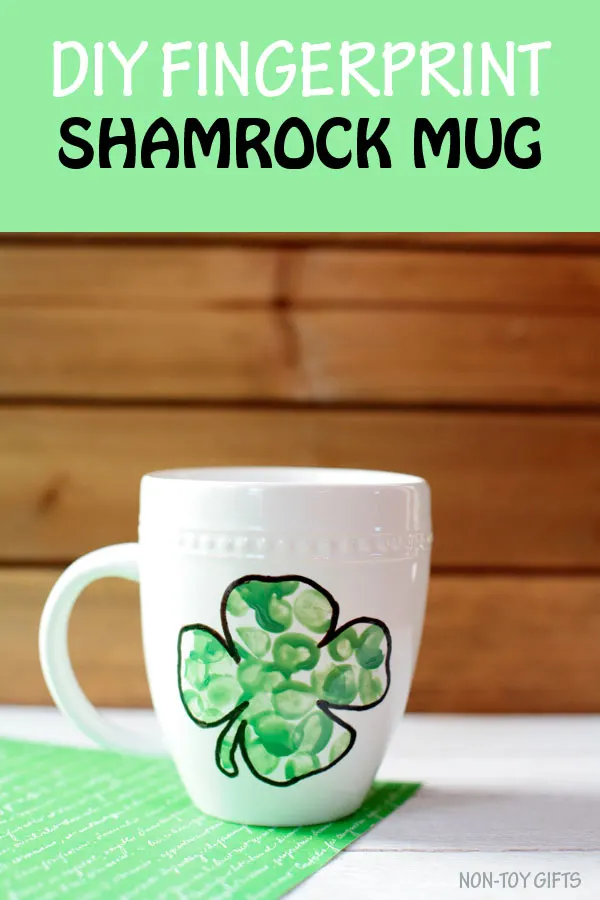 DIY fingerprint shamrock mug for kids to make for St Patrick's Day as a simple craft and a cool keepsake.