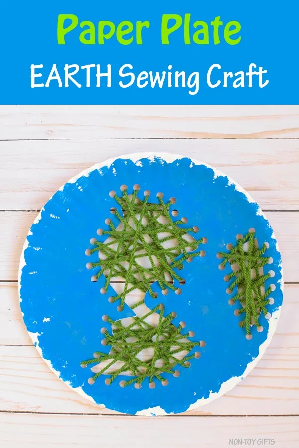 Paper plate Earth sewing craft for kids to make for Earth Day. Use yarn, paper plate and paint. Easy craft for kindergartners
