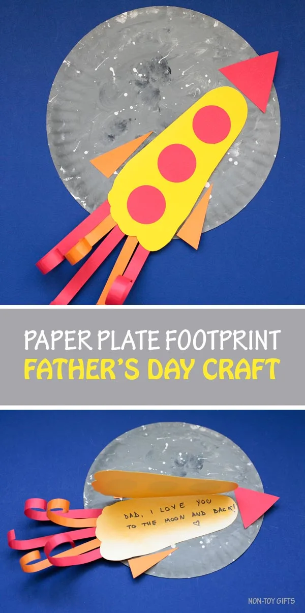 Paper plate footprint Father’s Day craft for kids. "Dad, I love you to the moon and back". Easy craft for toddlers, preschoolers and older kids #FathersDay #FathersDayCraft #footprint