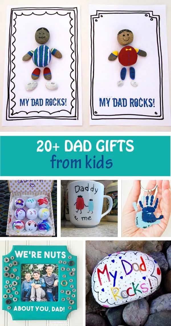 Dad gifts from kids for Father's Day: mugs, handprint keychain, golf balls, My dad rocks! Easy gifts for toddlers, preschoolers and older kids