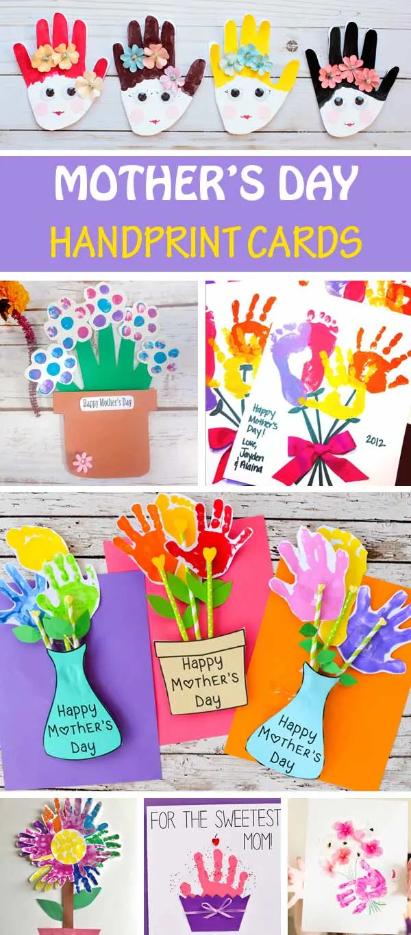 Mother's Day handprint cards for kids to make for mom and gramda. Handprint flower cards, handprint cupcake card, handprint florpot cards and more #MothersDay #handprint #MothersDayCards
