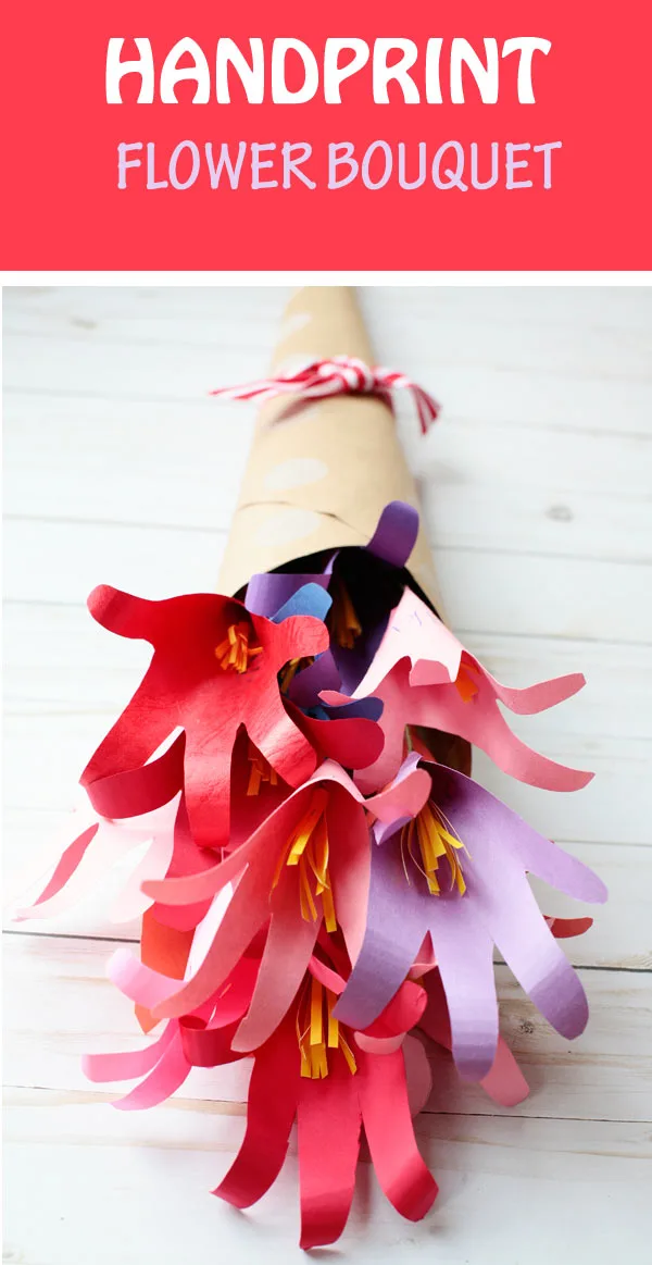 Handprint flower bouquet for kids to make for mom, teacher, aunt, grandma or another special person. Perfect as a Mother's Day gift or Grandparents Day. #handprint #flower #mom | Non-Toy Gifts