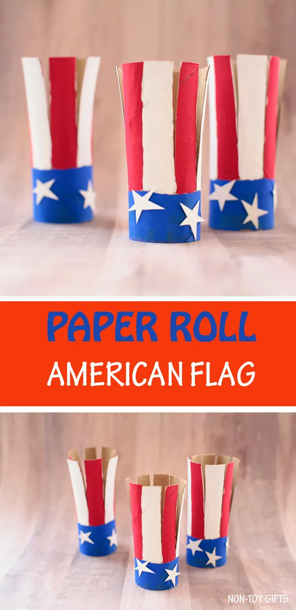 paper roll American flag craft for kids. Easy 4th of July craft for preschoolers, kindergartners and older kids.