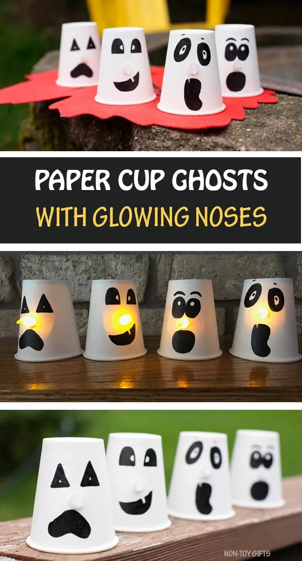 Paper cup ghosts with glowing noses