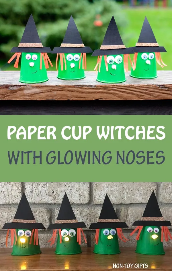 Paper cup witch craft for kids. Glowing nose made with tea light candle. #witch #Halloween