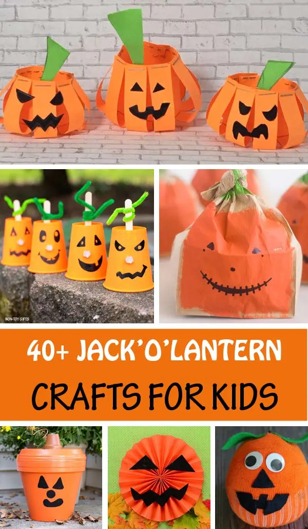 Jack'O'Lantern Crafts For Kids to make this Halloween. Use paper, paper plate, paper roll, paper bag, rocks, paper cups, mason jars and more to create fun pumpkins. #JackOLantern #Halloween